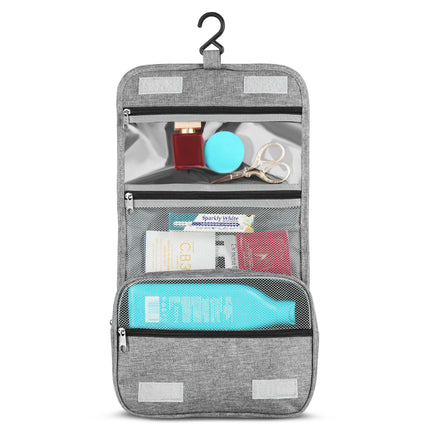 Travel Toiletry Bag, Gray Oxford, Hanging Hook, 4 Pockets