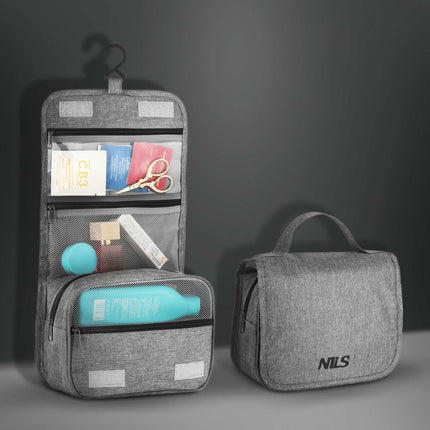 Travel Toiletry Bag, Gray Oxford, Hanging Hook, 4 Pockets