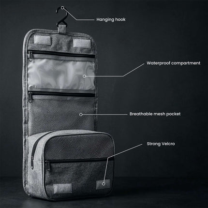 Travel Toiletry Bag, Gray Oxford, Hanging Hook, 4 Pockets