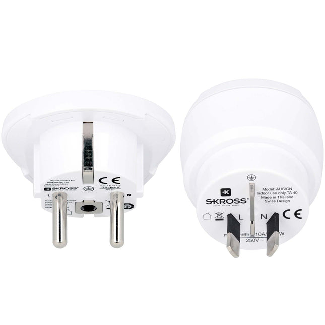 Travel adapter Combo World to Australia/China + Europe Grounded