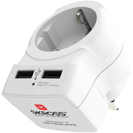 Travel adapter Europe to UK etc. 2xUSB-A 12W Grounded