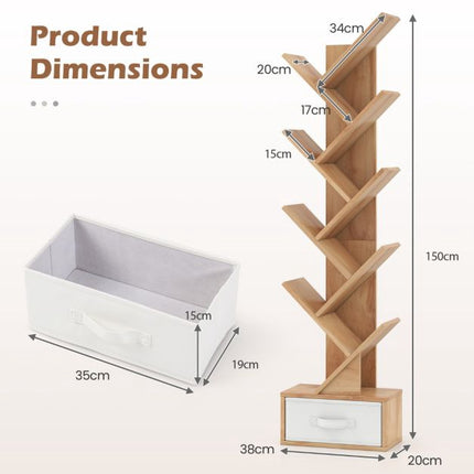 Tree Bookshelf With Drawer, 10 Shelves, Natural Finish