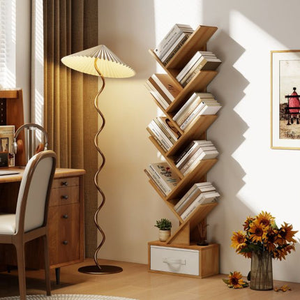 Tree Bookshelf With Drawer, 10 Shelves, Natural Finish