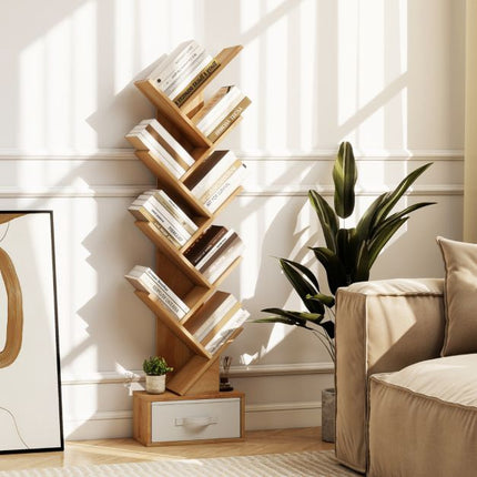 Tree Bookshelf With Drawer, 10 Shelves, Natural Finish