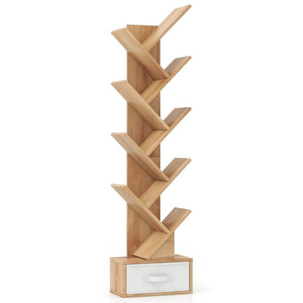Tree Bookshelf With Drawer, 10 Shelves, Natural Finish