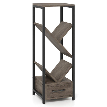 Tree Shaped Bookcase with Drawer & Metal Frame 4 Tier Standing Shelf Office Shelf
