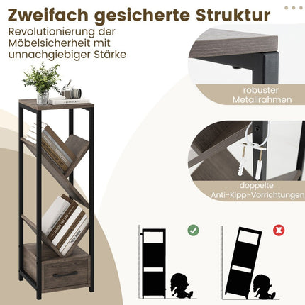 Tree Shaped Bookcase with Drawer & Metal Frame 4 Tier Standing Shelf Office Shelf