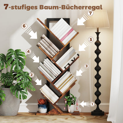 Tree-Shaped Bookshelf, 7-Tier, Rustic Brown, Space-Saving