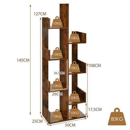 Tree-Shaped Bookshelf, 8-Tier Storage, Anti-Tip, Brown