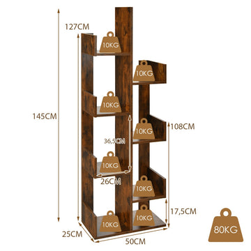 Tree-Shaped Bookshelf, 8-Tier Storage, Anti-Tip, Brown