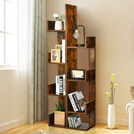 Tree-Shaped Bookshelf, 8-Tier Storage, Anti-Tip, Brown