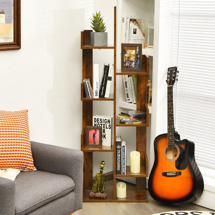 Tree-Shaped Bookshelf, 8-Tier Storage, Anti-Tip, Brown