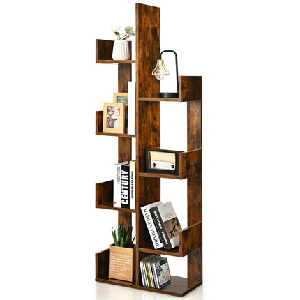 Tree-Shaped Bookshelf, 8-Tier Storage, Anti-Tip, Brown