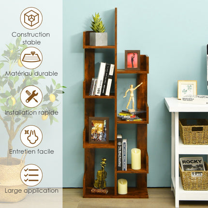 Tree-Shaped Bookshelf, 8-Tier Storage, Anti-Tip, Brown