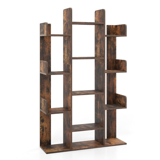 Tree-shaped bookcase with 13 open compartments, storage shelf, wooden shelf, 86 x 24.5 x 141 cm, brown