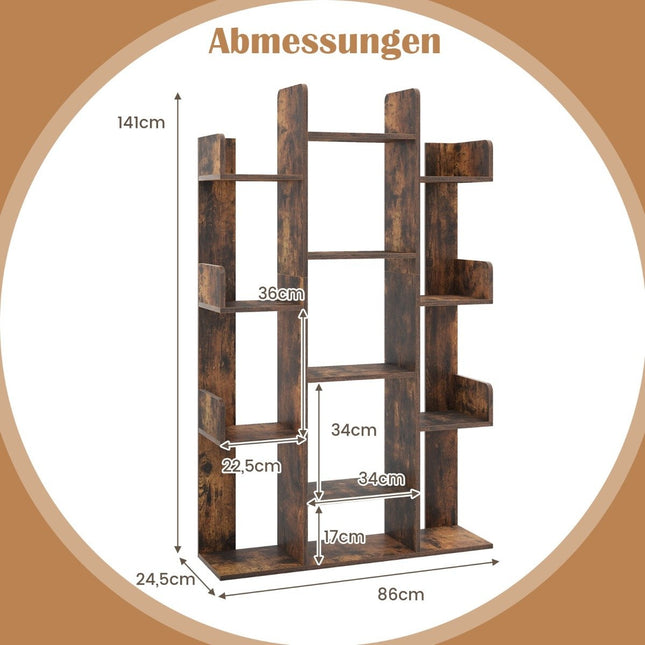 Tree-shaped bookcase with 13 open compartments, storage shelf, wooden shelf, 86 x 24.5 x 141 cm, brown
