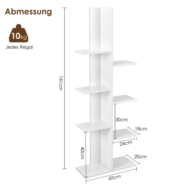 Tree-shaped bookcase with 8 shelves, free-standing shelf, office shelf, 50 x 20 x 141 cm, white