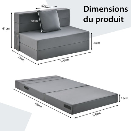 Tri-Fold Sofa Bed Mattress, 6-Inch, With Pillow, Dark Gray