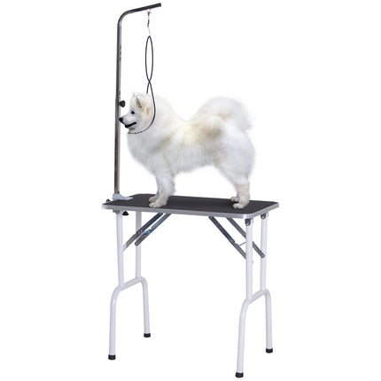 Black foldable dog grooming table, metal frame, 81x48x80 Cm