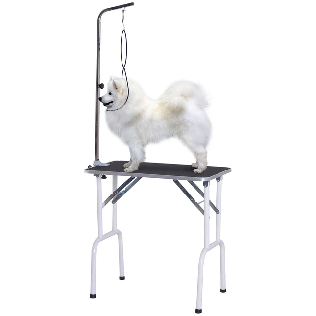 Black foldable dog grooming table, metal frame, 81x48x80 Cm