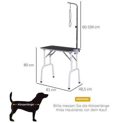 Black foldable dog grooming table, metal frame, 81x48x80 Cm