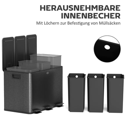 Triple Compartment 60L Stainless Steel Kitchen Bin