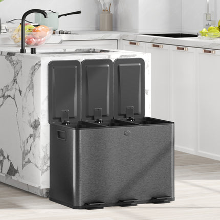 Triple Compartment 60L Stainless Steel Kitchen Bin