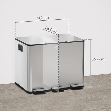 Triple Compartment Stainless Steel Kitchen Bin, 3 x 20L
