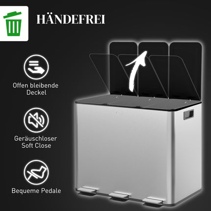 Triple Compartment Stainless Steel Kitchen Bin, 3 x 20L