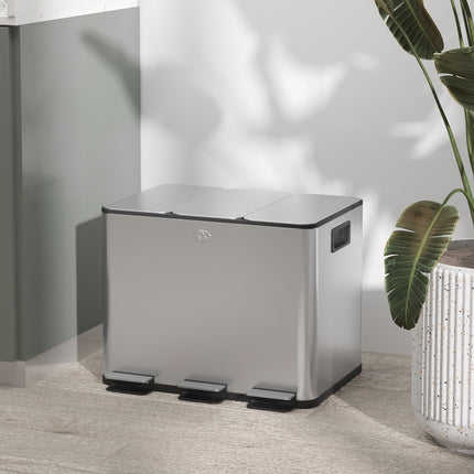 Triple Compartment Stainless Steel Kitchen Bin, 3 x 20L