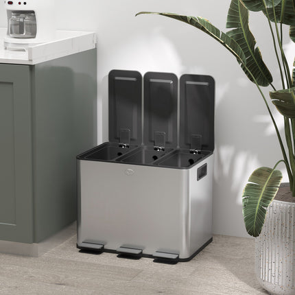 Triple Compartment Stainless Steel Kitchen Bin, 3 x 20L