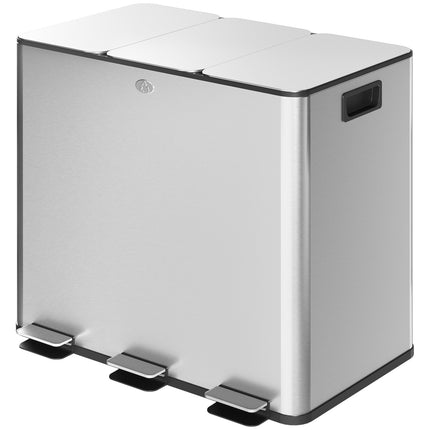 Triple Compartment Stainless Steel Kitchen Trash Bin, 45L