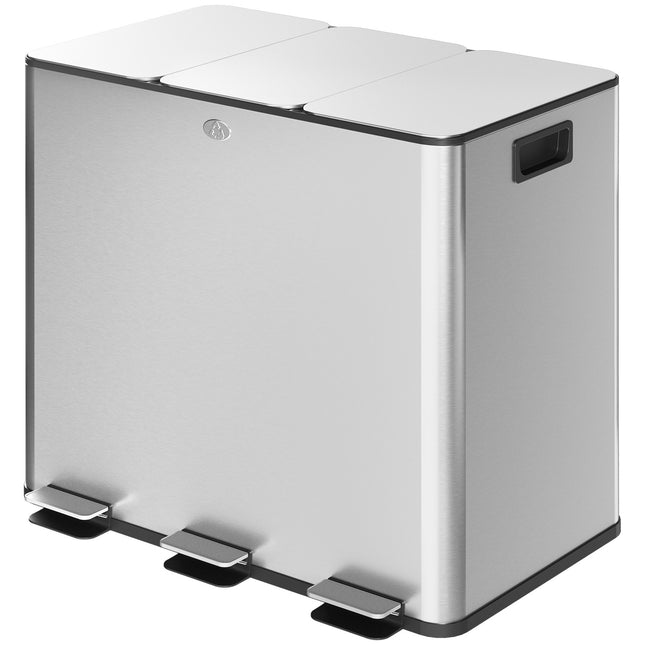 Triple Compartment Stainless Steel Kitchen Trash Bin, 45L
