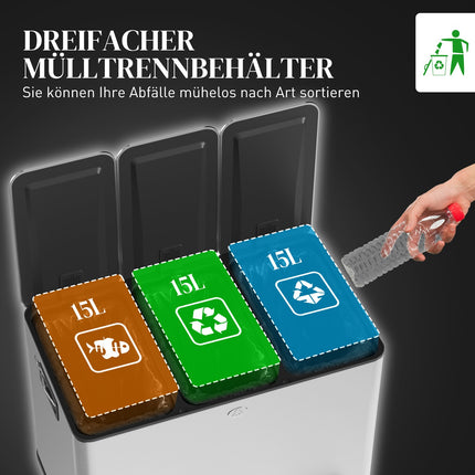 Triple Compartment Stainless Steel Kitchen Trash Bin, 45L