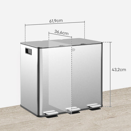 Triple Compartment Stainless Steel Kitchen Trash Bin, 45L