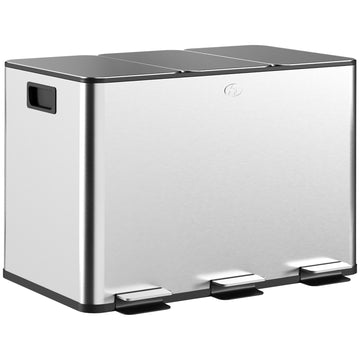 Triple Pedal Bin 3 x 10 L with Soft-Close Lids, Removable Buckets, Silver