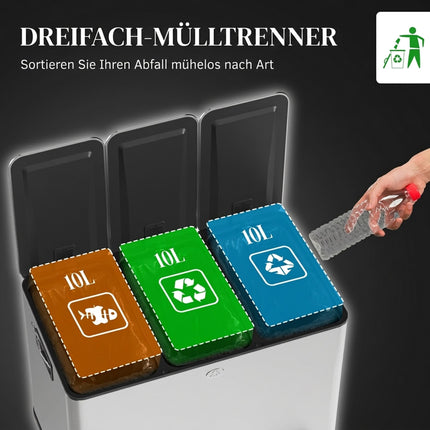 Triple Pedal Bin 3 x 10 L with Soft-Close Lids, Removable Buckets, Silver