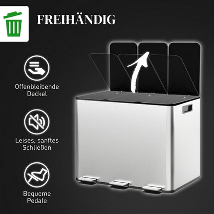 Triple Pedal Bin 3 x 10 L with Soft-Close Lids, Removable Buckets, Silver
