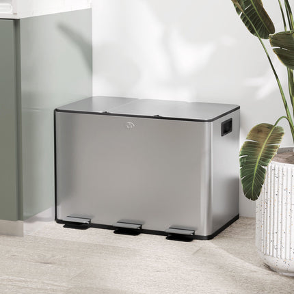 Triple Pedal Bin 3 x 10 L with Soft-Close Lids, Removable Buckets, Silver