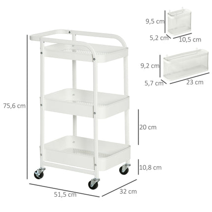 3-tier kitchen trolley with wheels, steel, white, 51.5x32x75.6cm