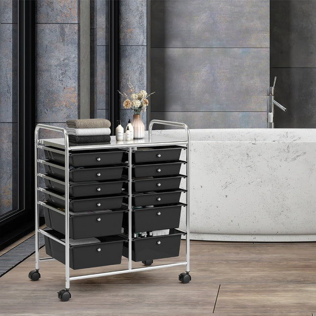 Trolley with 12 stackable drawers & metal frame & shelf black