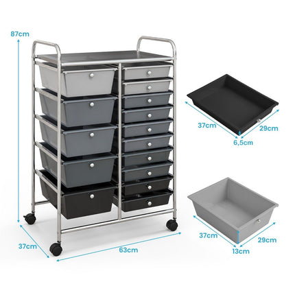 Trolley with 15 stackable drawers Roll container side trolley with 15 drawers silver 62.5 x 37 x 87 cm