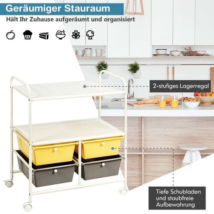 Trolley with 4 stackable drawers & metal frame & storage areas roll container yellow