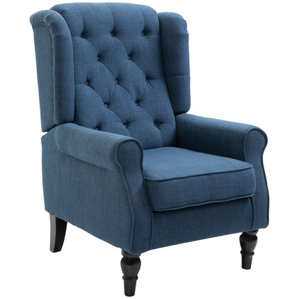 Blue tufted Wingback chair with arms, wooden legs - 160 kg capacity