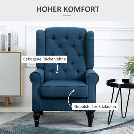 Blue tufted Wingback chair with arms, wooden legs - 160 kg capacity