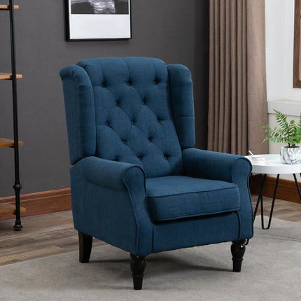 Blue tufted Wingback chair with arms, wooden legs - 160 kg capacity