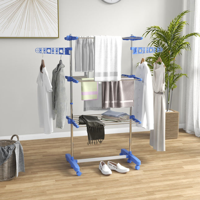 Folding 3-Tier Tumble Dryer with Wheels - Steel Blue