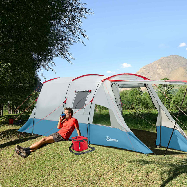 8-person tunnel tent with sleeping cabin, 3 doors, blue