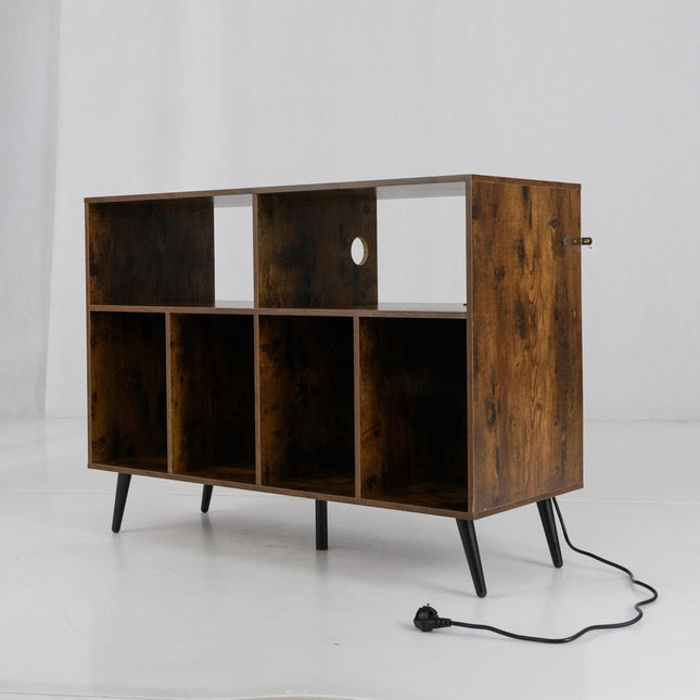 Turntable Stand With Charging Station, 4 Vinyl Shelves