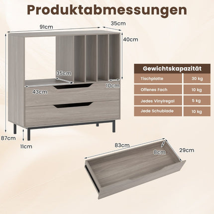 Turntable Stand with 4 Vinyl Slots & 2 Drawers, Gray
